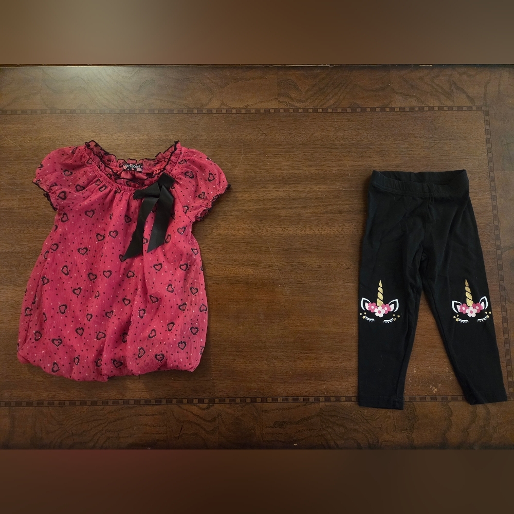 girl 2t pink short sleeve top with black leggings